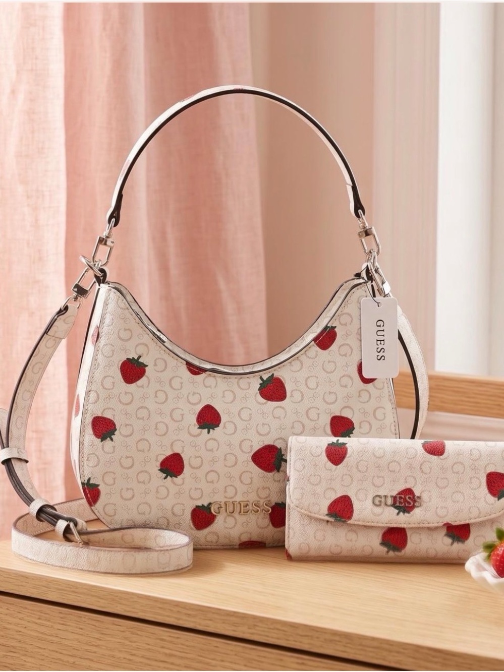 GUESS Cream Strawberry Print Hobo Shoulder Bag NWT